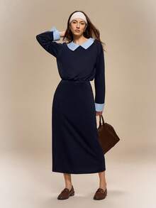 Hanevo Long Sleeve Casual Striped Collared Dress With Button Back, Suitable For Autumn, Winter, Spring - Royal Blue - View 3
