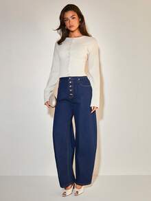 COSMINA Women's Elegant Denim Metal Buckle Barrel Leg Pants, Loose Fit Versatile For Commuting, Daily Office Wear, All Seasons - Blue - View 2