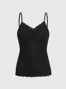 ROMWE Solid Ruched Contrast Lace Cami Top - Black - View 1