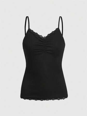 Top de tirantes unicolor fruncido con encaje en contraste