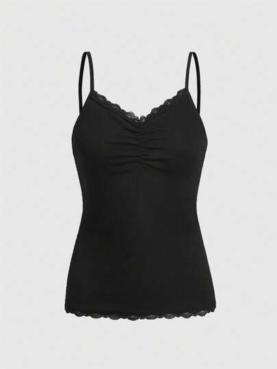 Top con bretelle sottile monocolore plissettato pizzo a contrasto