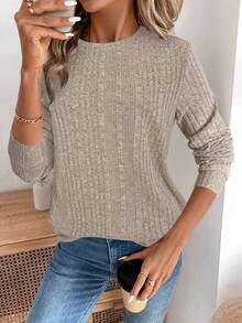 EMERY ROSE Casual Women's Asymmetrical Hem Crew Neck Brushed Fleece Sweatshirt, Autumn/Winter,Casual - Apricot - View 6