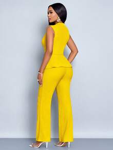 SOLERSUN 女士杏色优雅V领长袖T恤阔腿裤两件套不对称下摆两件套日常休闲女士春夏无袖短袖 - 黃色 - 查看 2