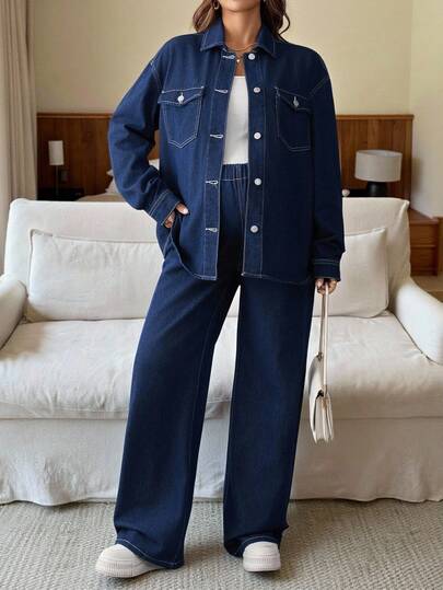 SHEIN 两件套孕妇休闲牛仔套装 - 落肩长袖外套和裤子，适合冬季、圣诞节、新年、感恩节等场合，打造法式轻松通勤、极简主义通勤、度假、毕业季、Y2K 简约时尚穿搭，可爱街头风，生日装扮，机场穿搭，派对商务休闲，女士时尚牛仔两件套，长袖纽扣衬衫式外套搭配高腰阔腿牛仔裤，蓝色牛仔布
