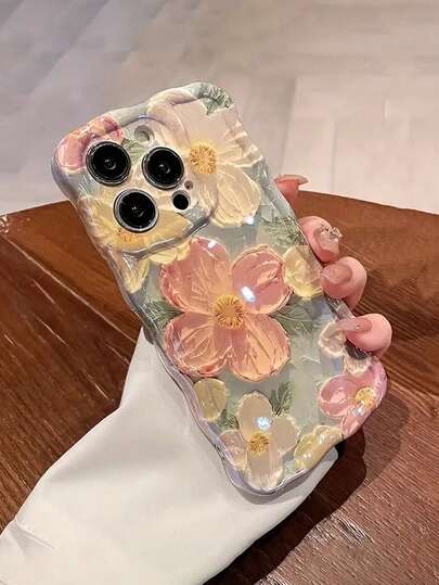 1 Pc Blue Floral Oil Painting Phone Case, Compatible With Apple 17/17 Air/17 Pro/17 Pro Max/16/16 Pro/16 Plus/16 Pro Max 15 Pro Max 15 Pro 15 14 Pro Max 14 Pro 14 13 Pro Max 13 Pro 13 12 Pro Max 12 Pro 12/15/15 Pro Max With Wave Edges, Fall Decor,Christmas Decorations Boys Backpack, Halloween, Backpack School. Clear Backpack, School, Halloween Costume.