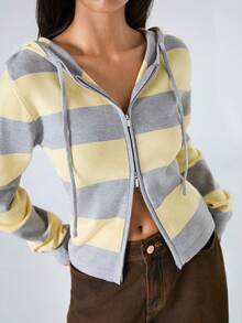 LYSMO 女士条纹长袖拉链抽绳连帽开衫 - 彩色 - 查看 6