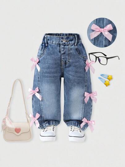 SHEIN Baby Girl Jeans, New Autumn/Winter Light Blue Washed Y2K Style, Cute Bow Decor, Loose Wide Leg, Comfortable Cotton, Elastic Waist, Suitable For Casual Outings Toddler Jeans With Bows Baby Jeans Pants Girls Toddler Girl Jeans With Bows Jeans For Toddler Girls