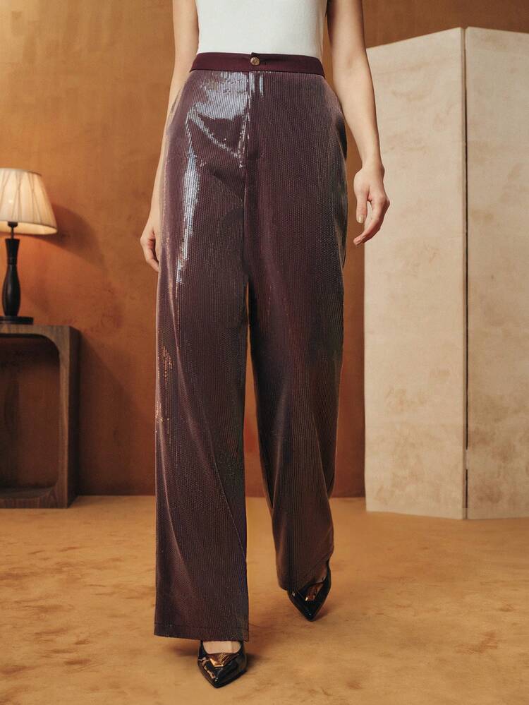 Anewsta Calça feminina de corte reto e modelagem solta com detalhes em lantejoulas, moderna e elegante. - Borgonha - Ver 6