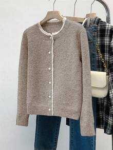 Franclia Fashionable Car Lace Trim Crew Neck Long Sleeve Sweater Button Up Cardigan Cardigan Sweater Knit Cardigan Button Up Sweater Thin Cardigan