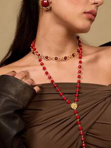 Glisma 1件装时尚优雅红色项链，适合女士、派对、日常穿搭、哥特风/复古风、串珠、西式珠宝、金属质感/纹理、宝石镶嵌，适合秋冬季节，送给妈妈/女士/女孩/母亲，高端复古风 - 紅色 - 查看 3