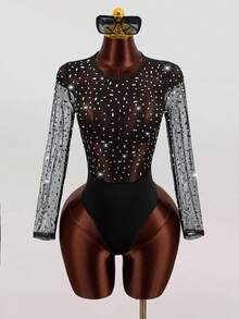 Mistrie Women's Fashionable Sexy Rhinestone Mesh Black Bodysuit,Glitter Top,Sparkly Bodysuit, Sequin Bodysuit Valentines Day Outfit,Wedding Party Outfit, Wedding Guest Outfit,Birthday Outfits,Summer Holiday Outfits,Y2k Clothes - Black - View 1