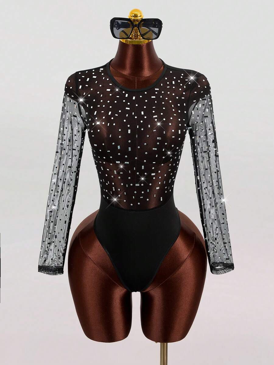 Mistrie Women's Fashionable Sexy Rhinestone Mesh Black Bodysuit,Glitter Top,Sparkly Bodysuit, Sequin Bodysuit Valentines Day Outfit,Wedding Party Outfit, Wedding Guest Outfit,Birthday Outfits,Summer Holiday Outfits,Y2k Clothes - Black - View 1