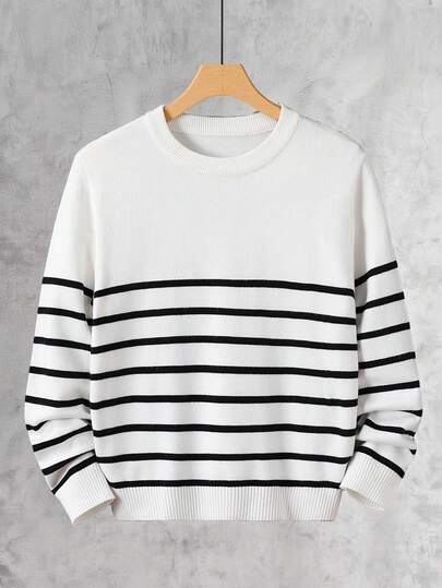 SHEIN Vacaura 男童条纹半拉链针织毛衣长袖上衣，简约时尚，适合秋冬