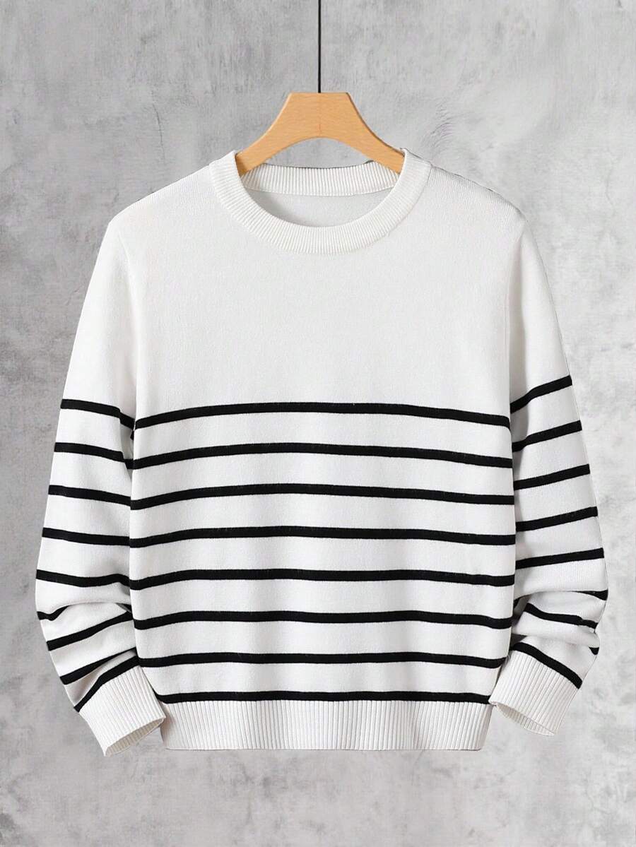 SHEIN Vacaura 男童条纹半拉链针织毛衣长袖上衣，简约时尚，适合秋冬 - 白色 - 查看 1