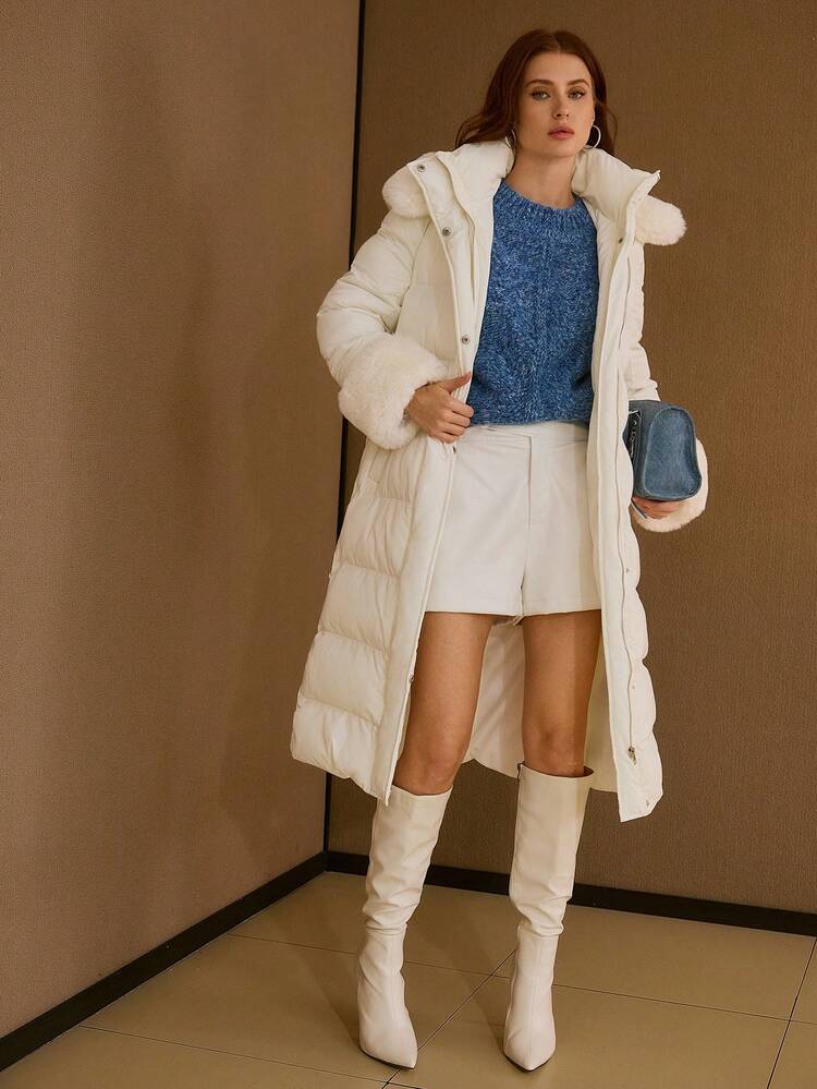 WOMEN'S PATCHWORK FAUX FUR TRIM HOODED PADDED COAT
