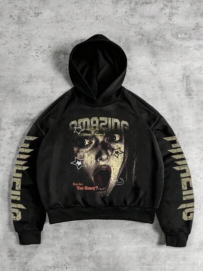 Men's Loose Fit Street Character Print Hoodie