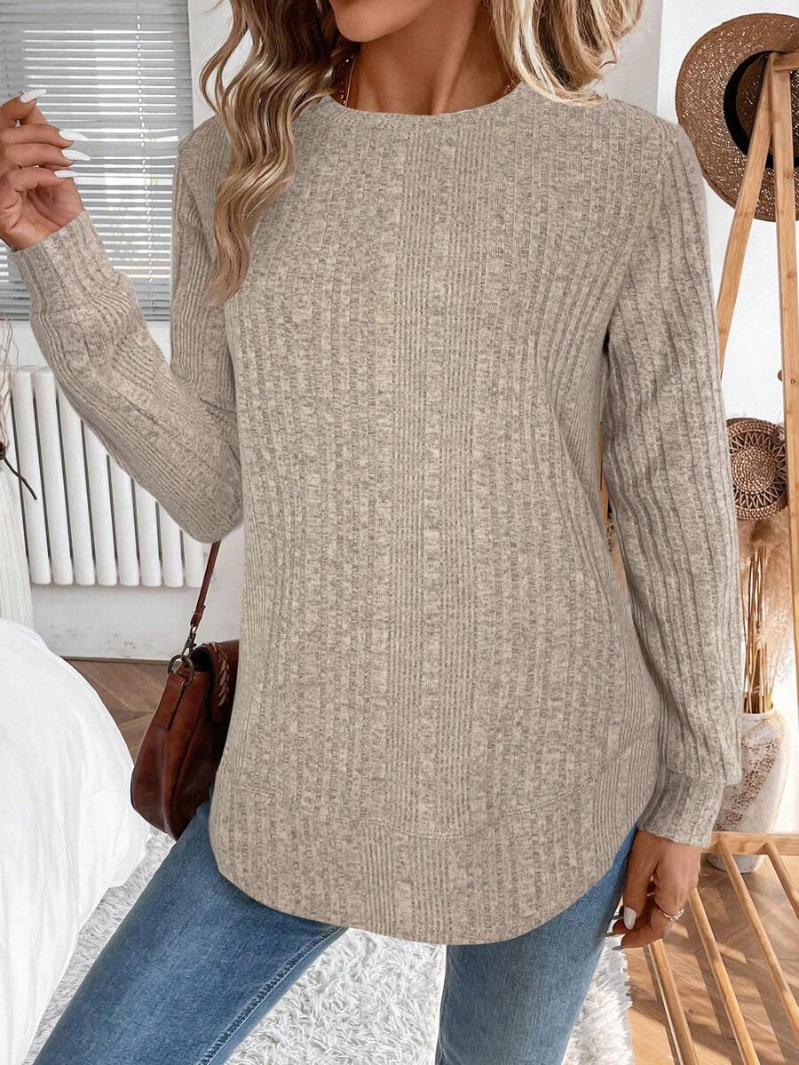 EMERY ROSE Casual Women's Asymmetrical Hem Crew Neck Brushed Fleece Sweatshirt, Autumn/Winter,Casual - Apricot - View 1