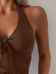 Swim Basics 女款細肩帶背心式分體泳衣，適合夏季海灘度假 - 咖啡棕 - 查看 5