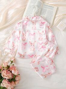 女婴粉色蝴蝶结兔子印花仿丝滚边撞色长袖开衫和裤子休闲家居服套装