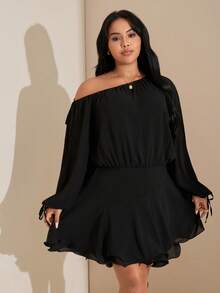 SHEIN Tall CURVE Váy ngắn tay đèn lồng cổ lệch, viền bèo nhún cỡ lớn cho nữ, thích hợp cho bữa sáng muộn, trang phục mùa thu, váy tiệc trà, trang phục Mardi Gras, ngày lễ tình nhân, lễ Phục sinh - màu đen - Xem 4