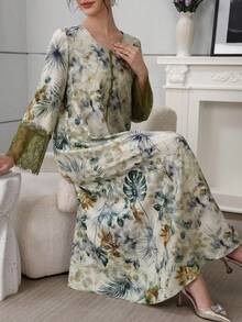 Al Najma Váy ren tay lỡ cổ chữ V in họa tiết kèm khăn trùm đầu - Nhiều màu - Xem 4