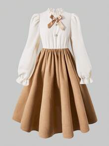 Sparklyn 少女荷叶边领泡泡袖缎带蝴蝶结拼接下摆A字连衣裙 - 杏色 - 查看 3