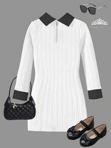 SHEIN 少女撞色滚边领优雅长袖连衣裙 - 白色 - 查看 2