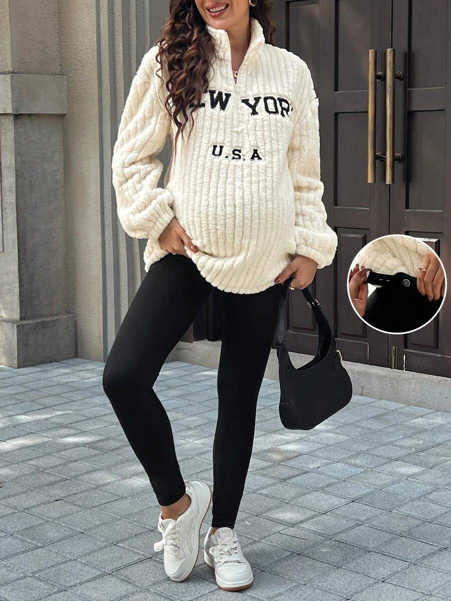 SHEIN Maternity Letter Embroidery Zipper Partial Placket Long Sleeve Fleece Sweatshirt And Adjustable Waist Leggings Casual Suit - Multicolor - View 1
