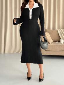 Vionelle Color Block Collar Plus Size Sweater Dress, Fitted Slim Waist Knit Midi Skirt, Autumn/Winter Plus Size Black And White Dress Plus Long Dress Curvy Dress Women Plus Dress 8xl Women Clothes - Black - View 7