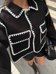 SHEIN Unity Women's Full And Winter Black Jacket, Contrasting White Edges, Elegant And Simple Autumn Match, Back To School, Teacher Uniform, Airport Uniform, Soft And Warm, Simple Daily Wear - Black and White - View 4