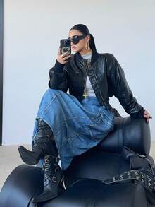 POPSWAY Plus Size Elastic Waist Large Pocket Faux Denim Print Casual Loose Street Style Skirt, Suitable For Dates, Gatherings, Outdoor Activities