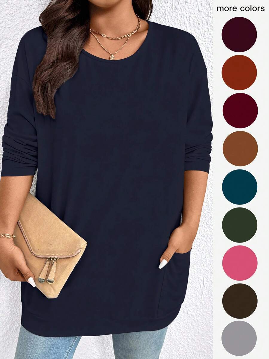 EMERY ROSE Women's Casual Loose Daily Simple Solid Color Round Neck Plus Size T-Shirt Fall - Blue - View 1