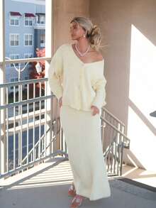 Sydney Algeri 1 set Femme Cardigan à manches longues et épaules tombantes surdimensionné + Jupe pull longue trapèze, Jaune clair