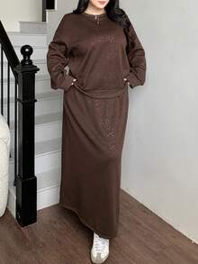 Dazy Plus 2pcs/Set Fashionable Glitter Powder Loose Fit Thickened Thermal Lined Casual Tracksuit For Plus Size Women, Autumn/Winter - Coffee Brown - View 8