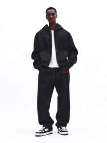 SUMWON 抽绳腰带宽松抓绒运动裤，侧边口袋，休闲慢跑裤款式，弹性裤脚，冬季舒适家居服，纯色 - 黑色 - 查看 3