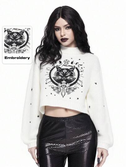 Goth Suéter de cuello alto negro gótico oscuro con bordado misterioso de gato para mujer
