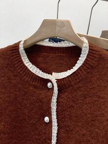 SHEIN Franclia Áo len dài tay cổ tròn viền ren thời trang cho xe hơi - Rỉ Nâu - Xem 3