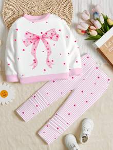 两件套女童休闲圆领长袖卫衣和打底裤，经典条纹、波点、可爱爱心蝴蝶结印花，适合秋冬季穿着 - 彩色 - 查看 2