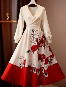 GlowEve Vestido con estampado retro y falda acampanada, diseño elegante para Año Nuevo - Multicolor - Ver 1