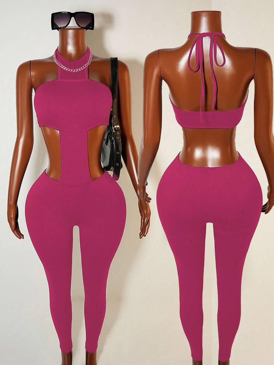 Mistrie Solid Color Halter Sleeveless Hollow Out Fashionable Fitted Jumpsuit - Hot Pink - View 1
