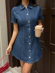 K-Vae 女式休闲短袖修身迷你牛仔连衣裙，蓝色