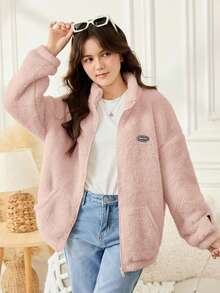 SHEIN 少女款纯色双面抓绒拼接领休闲外套