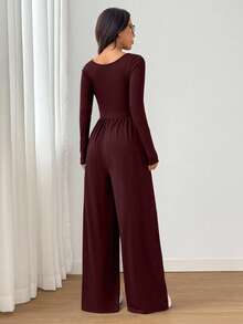 Flirla Bộ đồ liền thân dài tay màu trơn cổ chữ V dành cho nữ - Màu Đỏ Sâu - Xem 2
