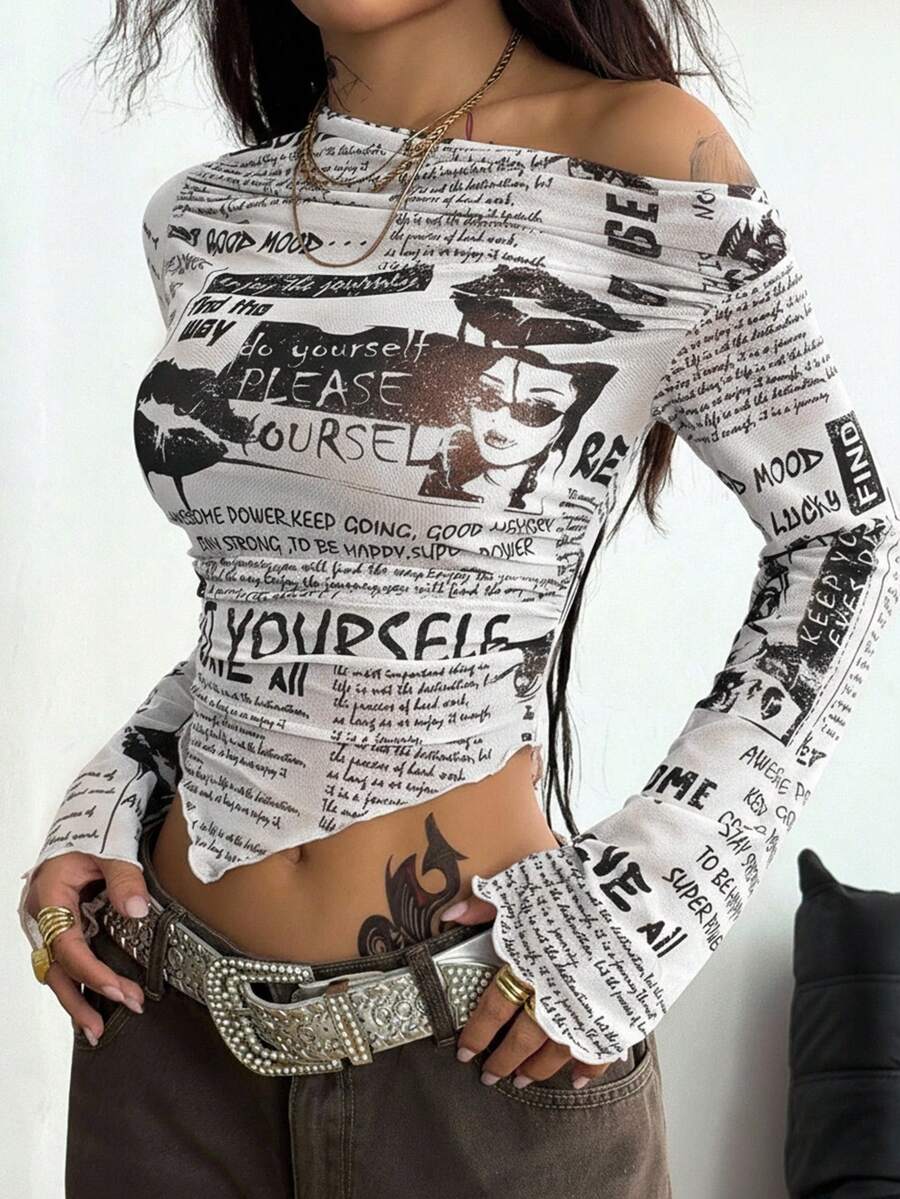 Coolane 女士秋季四季皆宜复古街头风报纸图案弹力露肩不对称领上衣 - 白色 - 查看 1