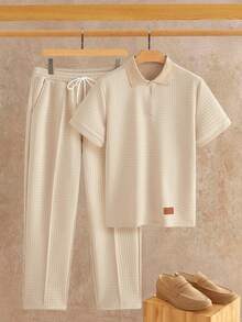Manfinity VCAY Men's Casual Striped Short Sleeve Polo Shirt And Shorts Set,Light Beige Premium Textured Multi-Piece Summer Wardrobe Essentials,Autumn Vacation Outfit - Khaki - View 3