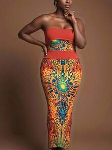 Slaydiva Plus Size 2 Pieces Set Red Sequin,Summer,Boho,Party Bohemian Colorblock Print Women's Music Festival,Western,Nashville Style,Vacation,Beach Outfit - Multicolor - View 2