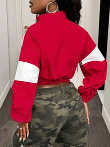 BamGleam Áo khoác bóng chày cổ đứng phối màu đơn giản cổ điển dành cho nữ, dáng rộng, eo rút dây, mùa đông - Đỏ và trắng - Xem 2