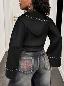 BamGleam Áo khoác lông cừu có mũ đính đinh tán dành cho nữ - màu đen - Xem 2