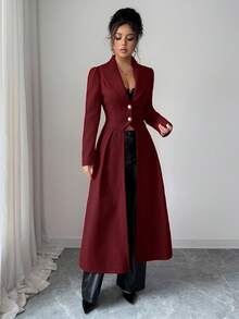 Rafferiza 女士优雅复古收腰前开衩大衣，秋冬酒红色外套 - 酒紅色 - 查看 6