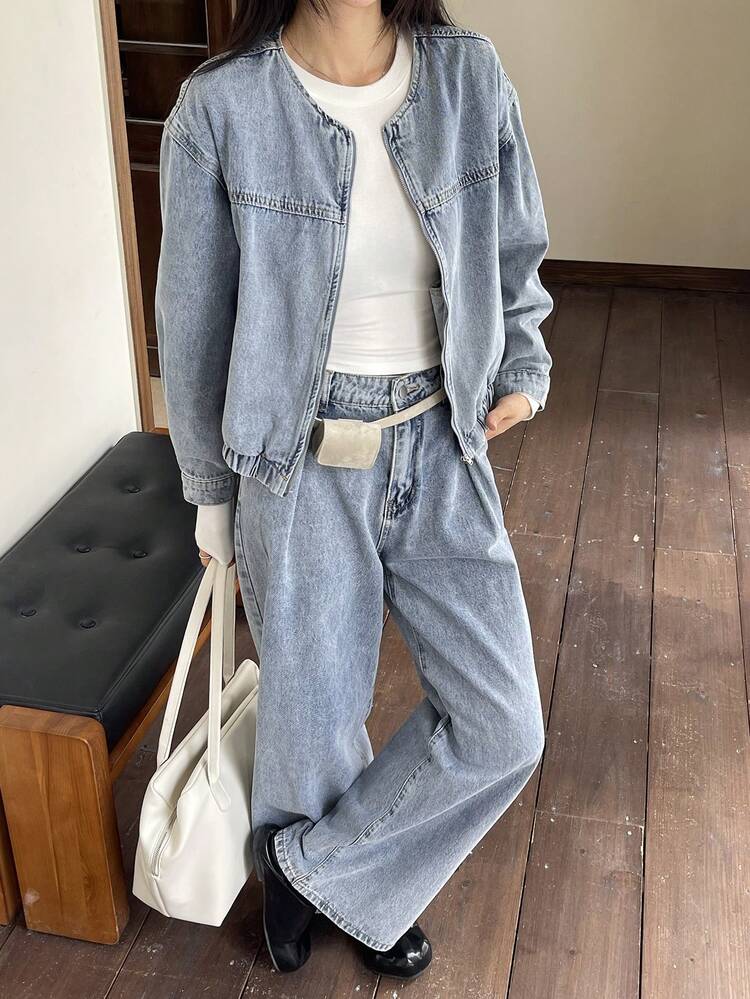 Women's Elastic Waist Jacket Top And Loose Wide-Leg Pants 2 Pieces Casual Set
